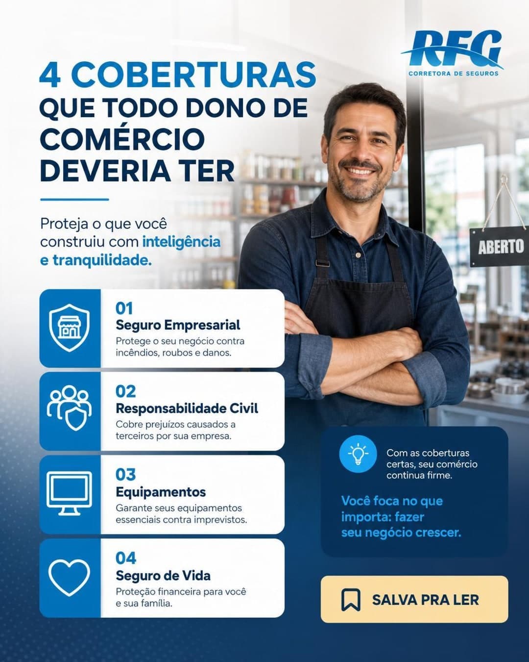 Post educativo da RFG Corretora de Seguros sobre as 4 coberturas que todo dono de comércio deveria ter — imagem gerada pelo PostFeito