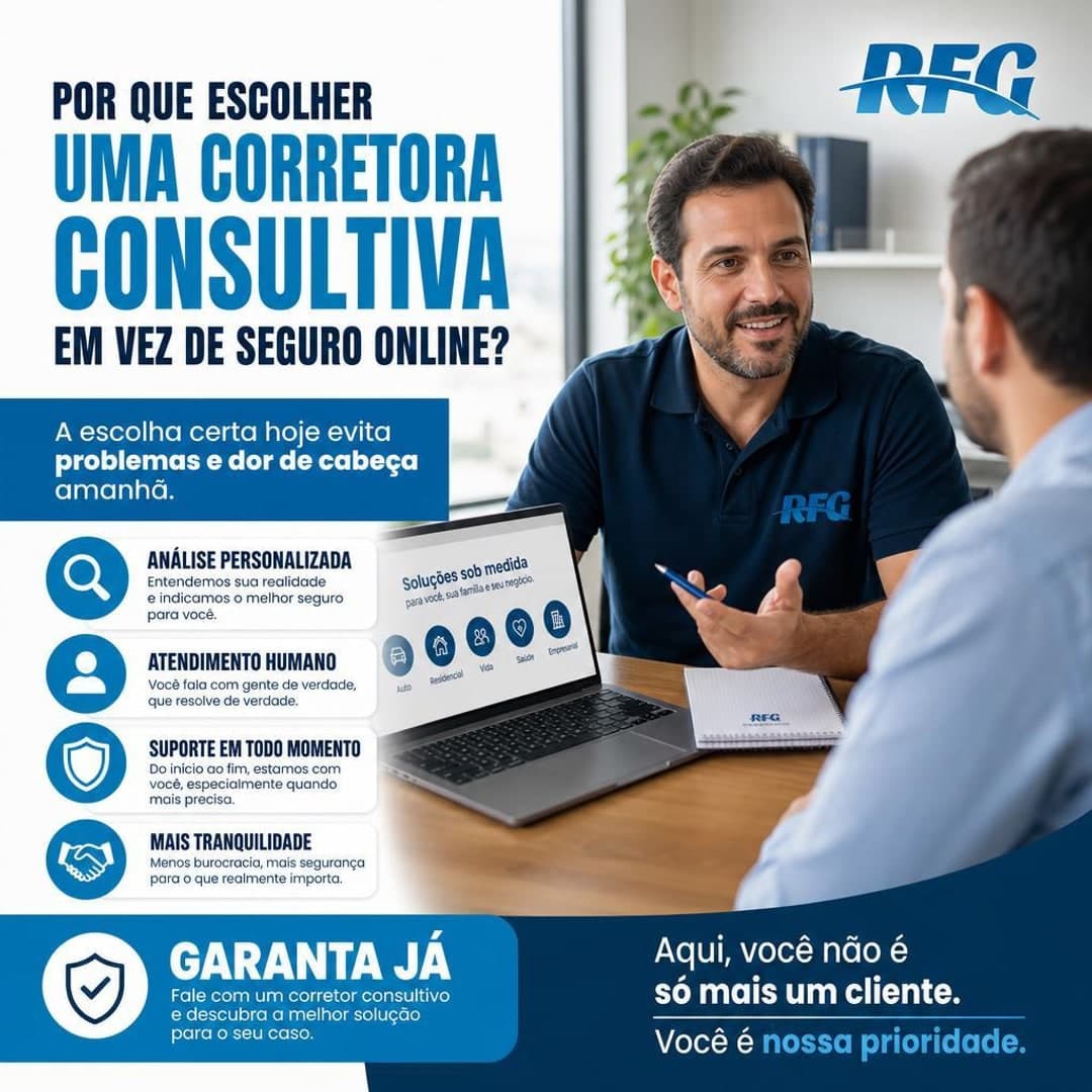 Post de venda da RFG Corretora comparando corretora consultiva com seguro online — imagem gerada pelo PostFeito